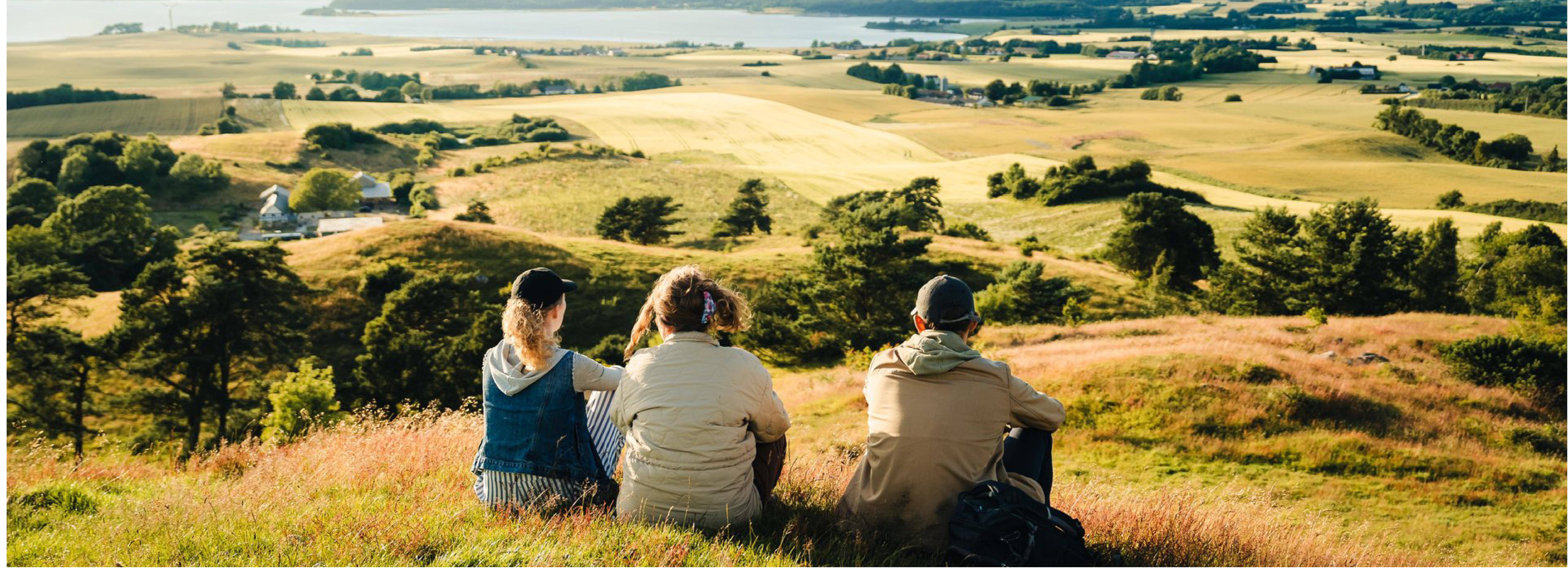 Tre personer ser på et bakket landskab